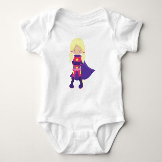 Superhero Girl, Blonde Hair, Lila Kap, Held Baby Strampler (Vorderseite)