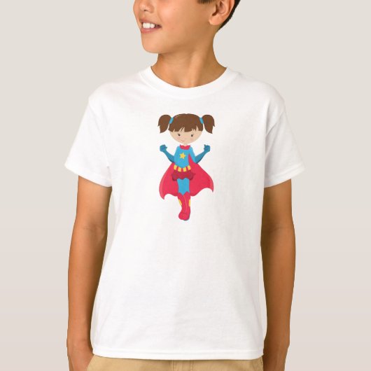 Superhero Girl, Niedlich Girl, Braunhaar, Rotes Ka T-Shirt (Vorderseite)