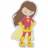 Superhero Girl, Niedlich Girl, Braunhaar, Rotes Ko Aufkleber (Vorderseite)