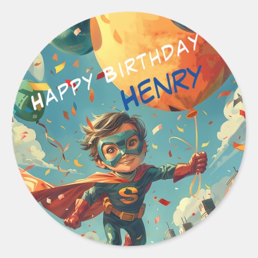 Superhero Happy Birthday Design für Kinder Runder Aufkleber (Vorderseite)