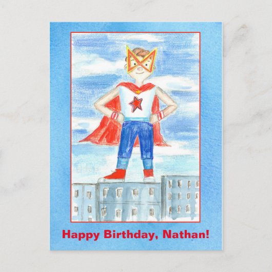 Superhero Individuelle Name Happy Birthday Postkarte (Vorderseite)
