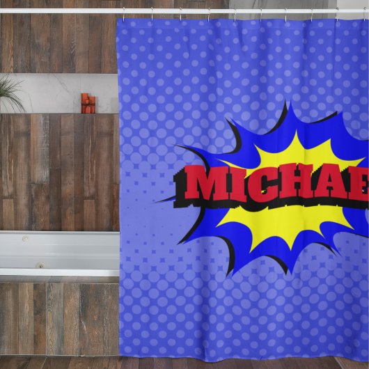 Superhero Kids Comic Buch Personalisierter Name Duschvorhang