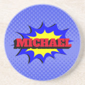 Superhero Kids Comic Buch Personalisierter Name Getränkeuntersetzer (Vorne)
