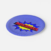 Superhero Kids Comic Buch Personalisierter Name Pappteller (Schrägansicht)