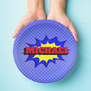 Superhero Kids Comic Buch Personalisierter Name Pappteller
