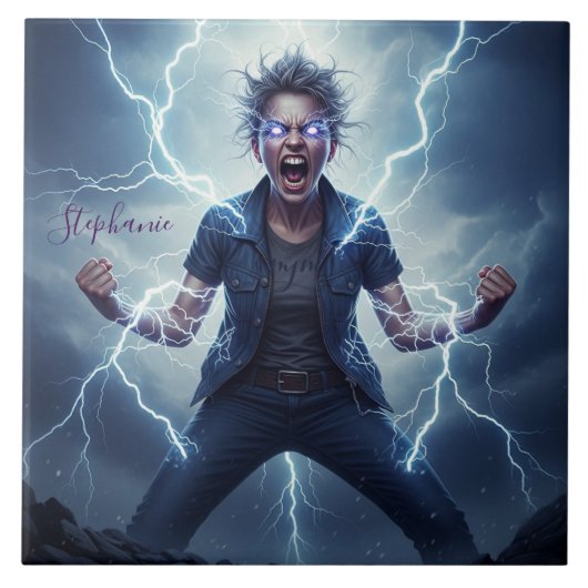 Superhero Lightning Energy Woman Fliese (Vorderseite)