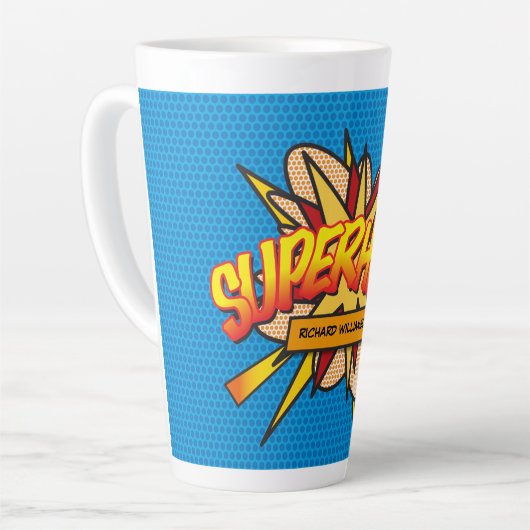 SUPERHERO Name Fun Retro Comic Pop Kunst Milchtasse (Linke Ecke)
