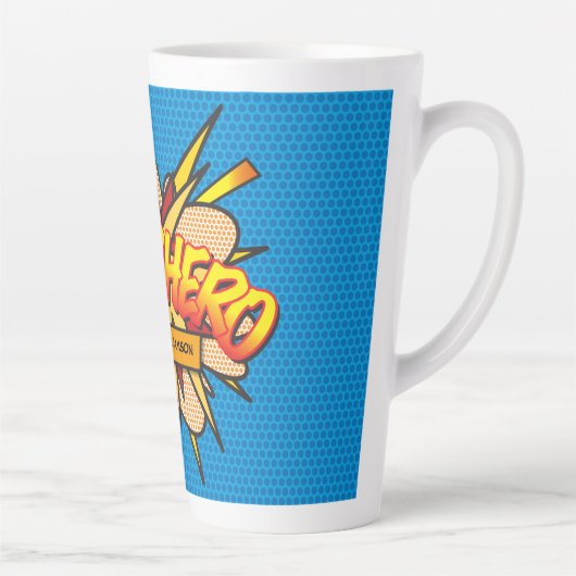 SUPERHERO Name Fun Retro Comic Pop Kunst Milchtasse (Rechts)
