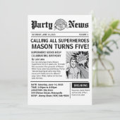 Superhero Newspaper Einladung zum Geburtstag (Stehend Vorderseite)