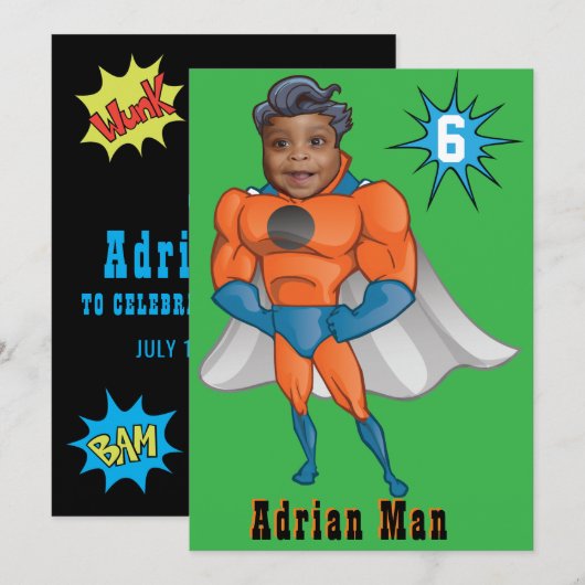 Superhero Orange Birthday Invite Einladung (Vorne/Hinten)