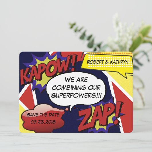 Superhero Parody Save the Date Wedding (Stehend Vorderseite)
