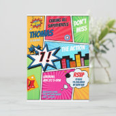 Superhero Party Comic Book Birthday Photo Einladung (Stehend Vorderseite)