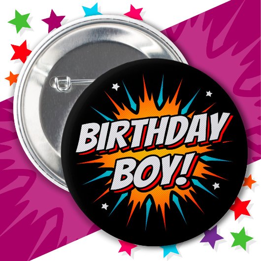 Superhero Party Comic Book Hero Birthday Boy Button