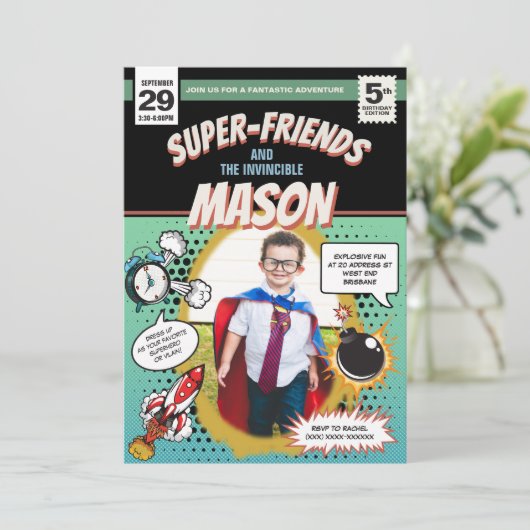 Superhero Party Einladung Comic Buchdeckerstil (Stehend Vorderseite)