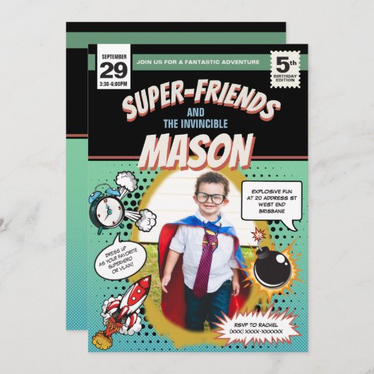 Superhero Party Einladung Comic Buchdeckerstil (Vorne/Hinten)