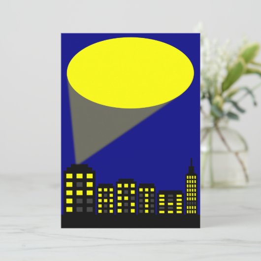 Superhero Party Einladung - Stadtbild & Spotlight (Stehend Vorderseite)