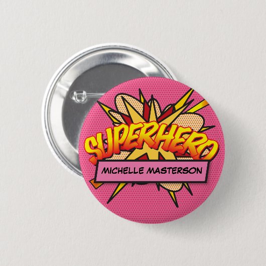SUPERHERO Personalisiertes Comic Buch Rosa Button (Vorne & Hinten)
