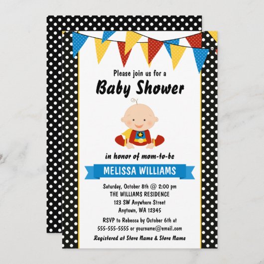 Superhero Polka Dot Babydusche Einladung (Vorne/Hinten)