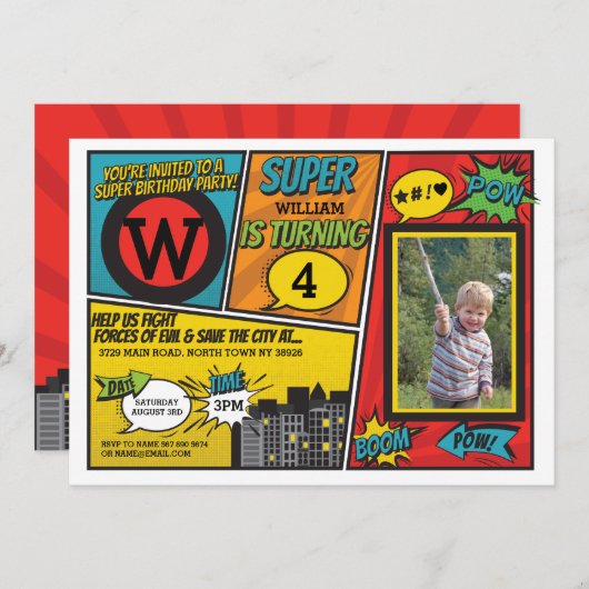 Superhero Red Blue Einladung Super Hero Einladung (Vorne/Hinten)