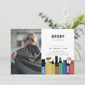 Superhero Thema Geburtstag Foto Einladung (Stehend Vorderseite)