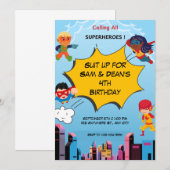 Superhero Twin 4. Geburtstagsfeier Party Einladung (Vorne/Hinten)