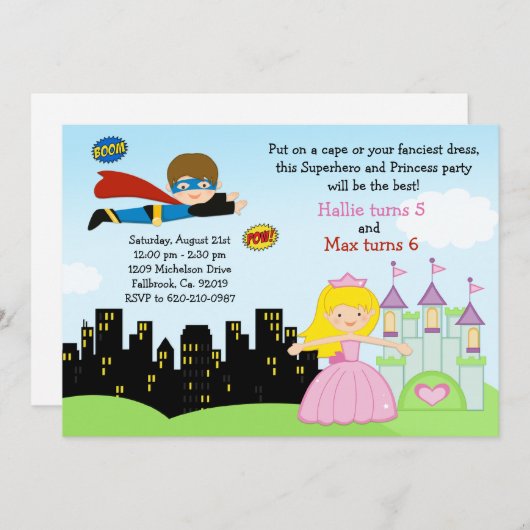 Superhero-und Prinzessin-Birthday Party Einladung (Vorne/Hinten)