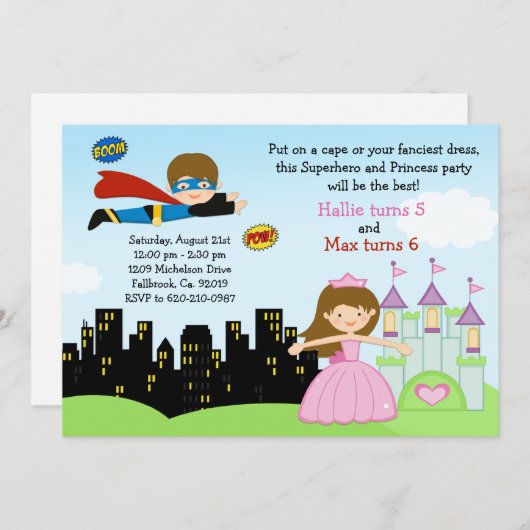 Superhero-und Prinzessin-Birthday Party Einladung (Vorne/Hinten)