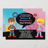 Superhero und Supermädchen-Geburtstags-Party Einladung (Vorne/Hinten)