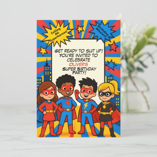 Superheroes Birthday Invitation – Custom 5x7 Card Einladung (Stehend Vorderseite)