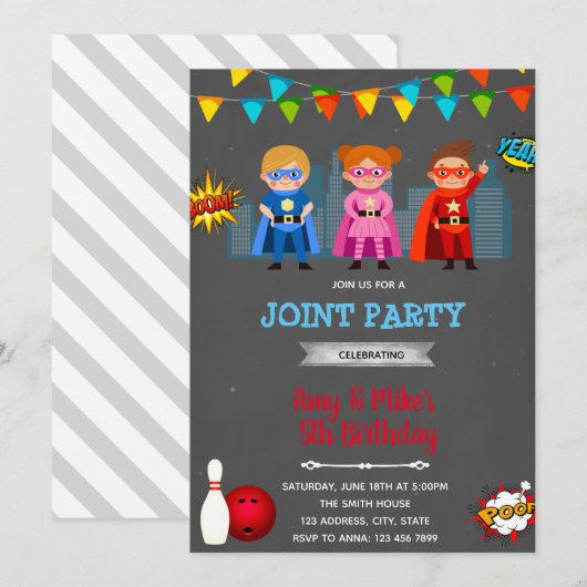 Superheroes Bowling Party Einladung (Vorne/Hinten)