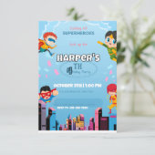 Superheroes Party Superhero Costume Kids Birthday Einladung (Stehend Vorderseite)