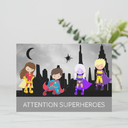 *~* SUPERHEROS Kinder Geburtstagsparty Einladung (Stehend Vorderseite)