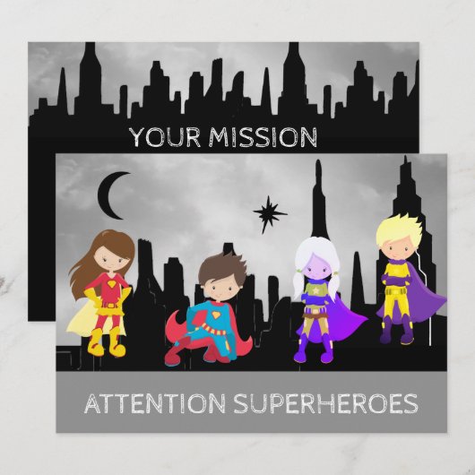 *~* SUPERHEROS Kinder Geburtstagsparty Einladung (Vorne/Hinten)
