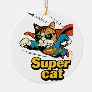 Superkatze fliegt mit Fisch  Keramik Ornament