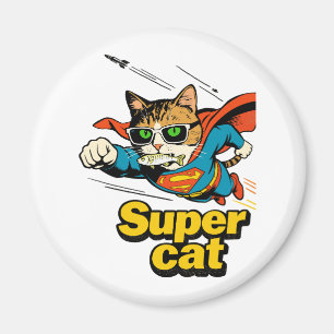 Superkatze fliegt mit Fisch Magnet