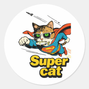 Superkatze fliegt mit Fisch Runder Aufkleber