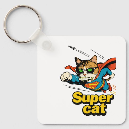 Superkatze fliegt mit Fisch Schlüsselanhänger (Vorderseite)