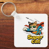 Superkatze fliegt mit Fisch Schlüsselanhänger (Vorderseite)