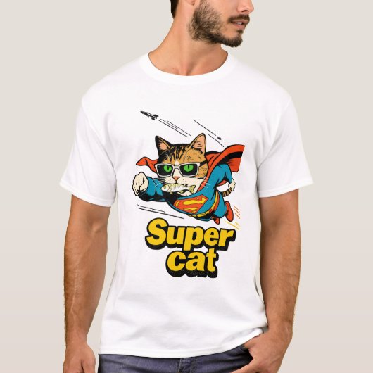 Superkatze fliegt mit Fisch T-Shirt (Vorderseite)