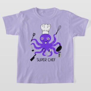 Superkoch lila Oktopus mit Kochutensilien T-Shirt