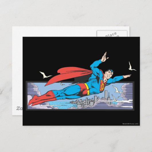 Superman Flies Thru City Postkarte (Vorne/Hinten)