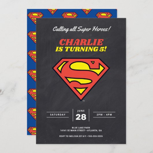 Superman-Logo | Chalkboard Super Hero Birthday Einladung (Vorne/Hinten)