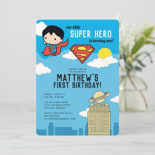 Superman Super Hero Einladung zum ersten Geburtsta (Stehend Vorderseite)