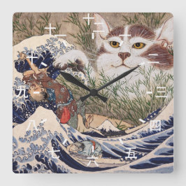 Supernatural Cat at the Great Wave Quadratische Wanduhr
