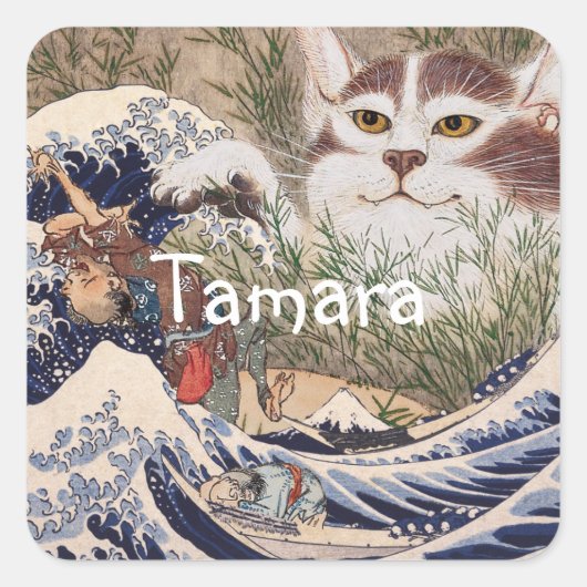 Supernatural Cat at the Great Wave Quadratischer Aufkleber (Vorderseite)