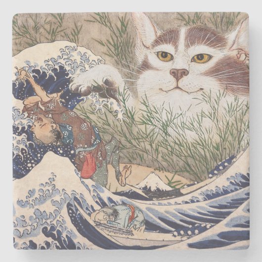 Supernatürliche Katze in der Großen Welle Steinuntersetzer (Vorderseite)