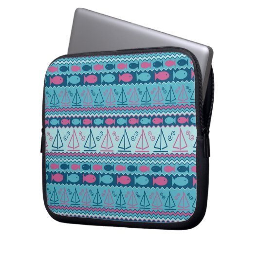 Superspaß-Fisch-und Segelboot-Muster Laptopschutzhülle (Vorderseite Links)