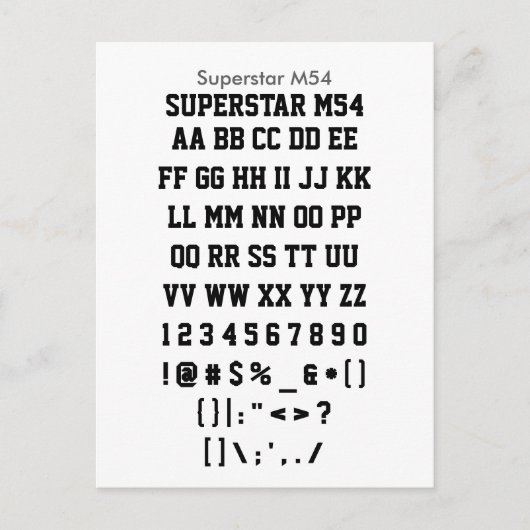 Superstar M54 - Zazzle Schriftart - Musterblatt Postkarte (Vorderseite)