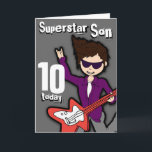 Superstar Son 10. Geburtstag graue rote Jungenkart Karte<br><div class="desc">Auf dieser Karte steht: "Superstar Son 10 heute. Innenseite: "Alles Gute zum Geburtstag". Oder passen Sie Ihre eigenen Worte an. Spaß-Karte mit einem Jungen mit dunklem Haar und heller Haut Illustration und Design von Sarah Trett.</div>