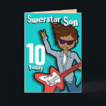 Superstar Son 10. Geburtstagskarte Aqua Karte<br><div class="desc">Auf dieser Karte steht: "Superstar Son 10 heute. Innen: "Herzlichen Glückwunsch zum Geburtstag". Oder passen Sie Ihre eigenen Worte an. Spielkarte,  die ausschließlich von Sarah Trett entworfen wurde.</div>